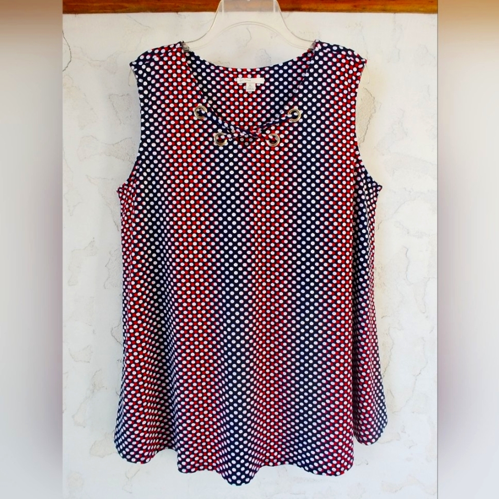 'JM Collection' sleeveless swing top criss cross grommet neck, red/white/blue XL
